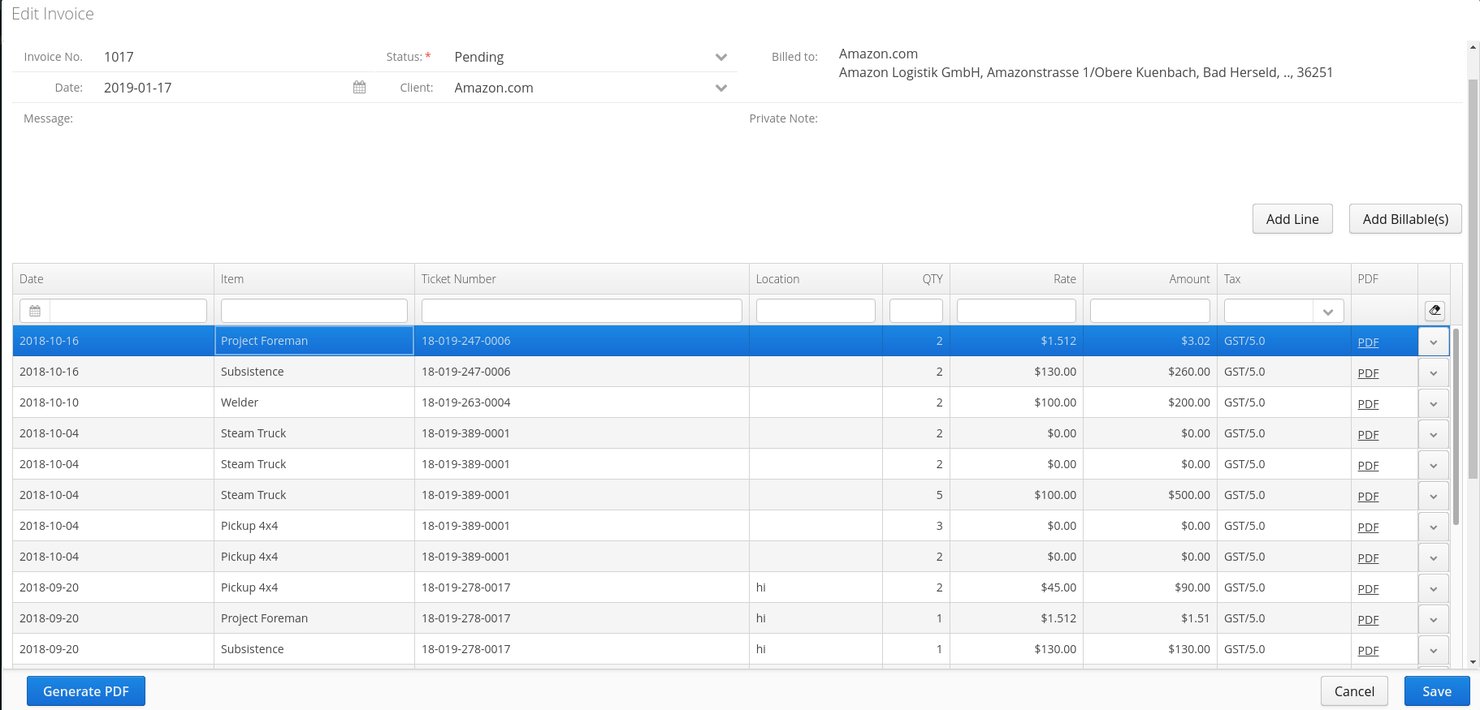 Larger table within Aimsio's Invoice feature.
