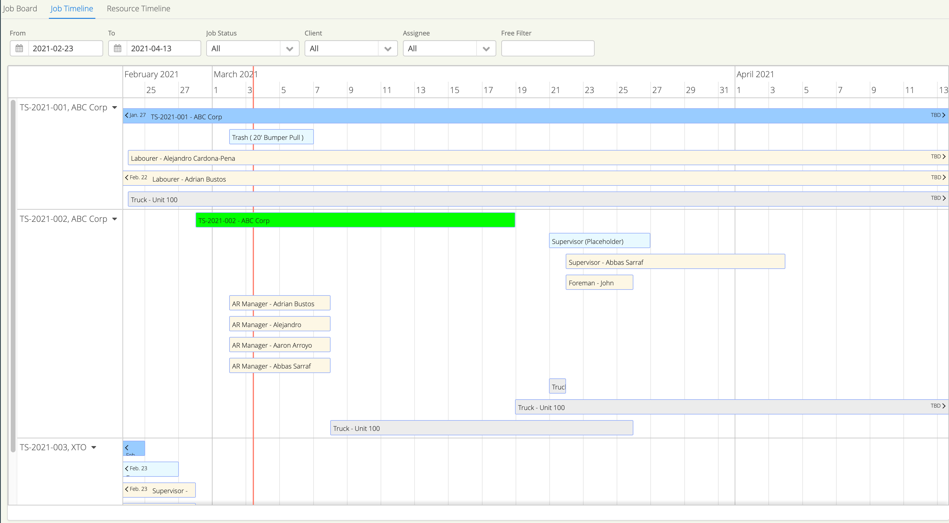 Use a dispatching software like Aimsio to dispatch crew and equipment. The Aimsio Job Timeline view is just one way to tackle resource dispatching.