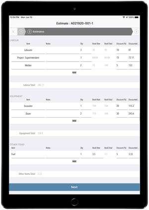 Field ticket: Labor, Equipment, Material Aimsio iPad